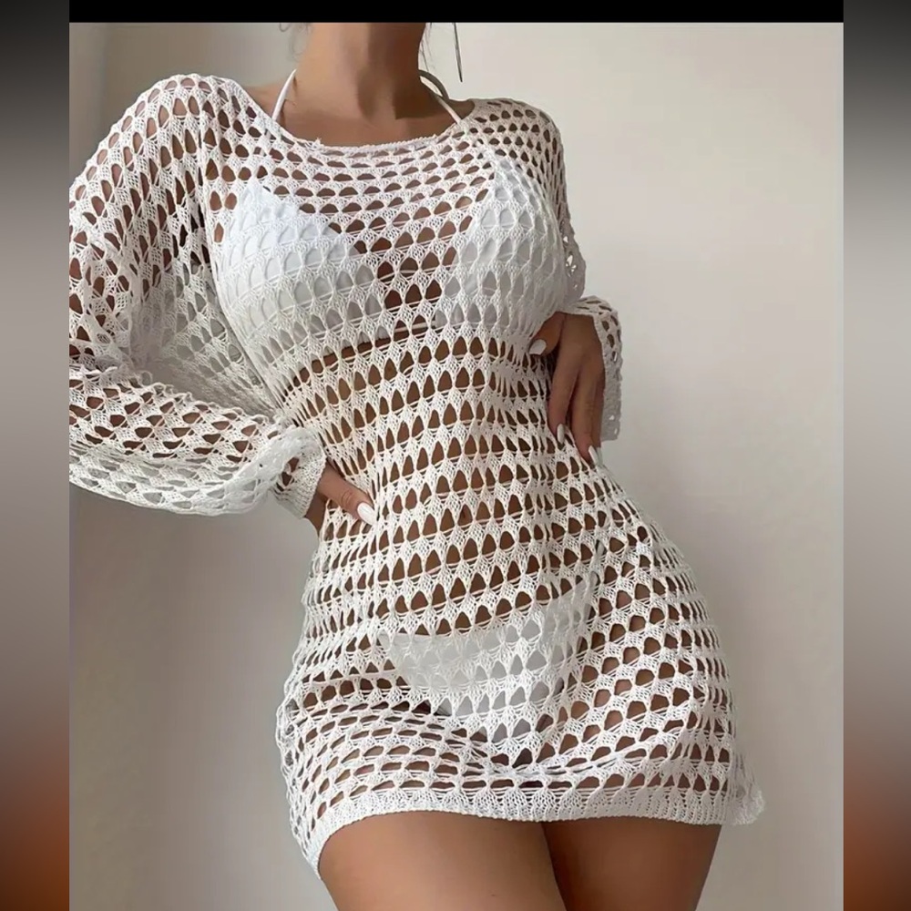 CROCHET White Open Long Sleeve Beach Cover UP Mini Dress OSFA NEW